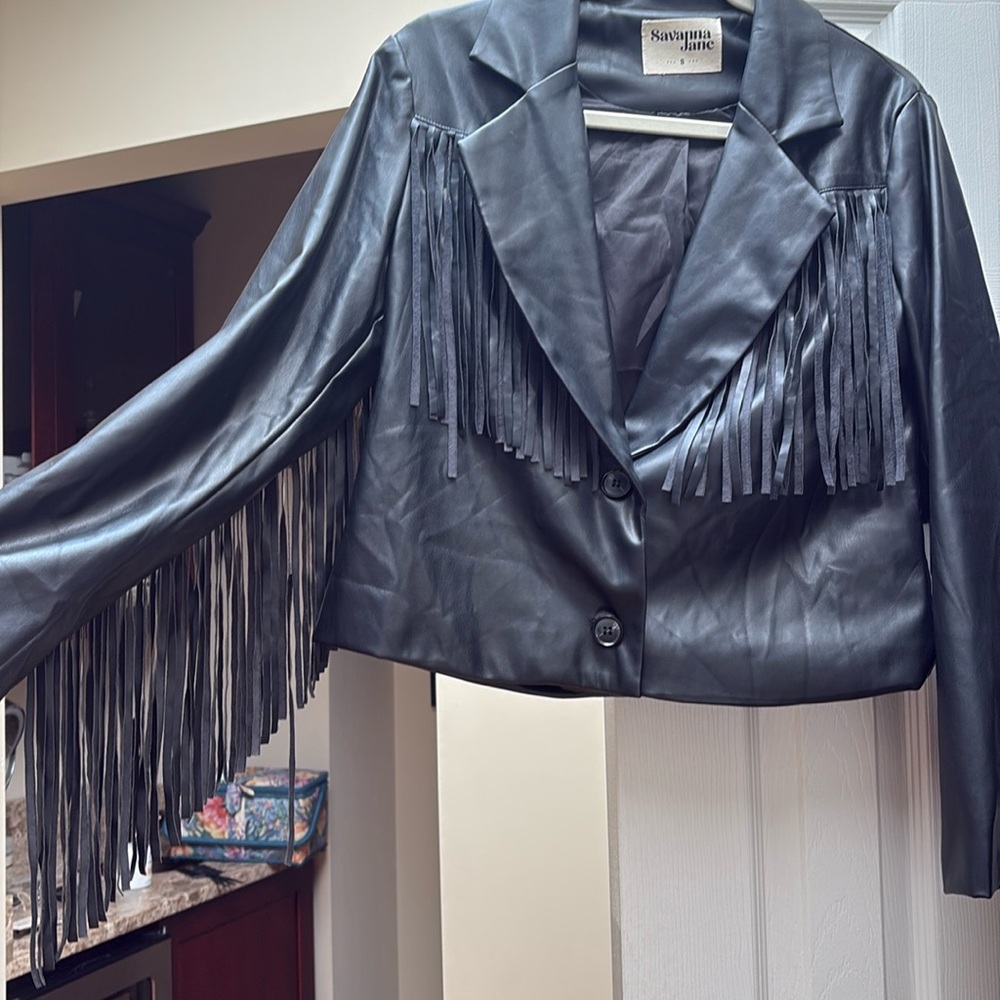 Savannah Jane leather jacket  Faux Leather Fringe Jacket Moto Cowboy Small EUC
